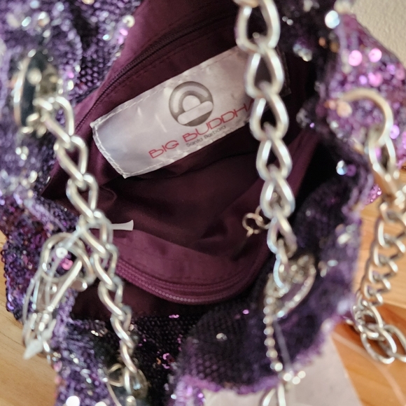 BIG BUDDHA Metallic Purple Silver Sequin Silver Chain Straps Slouchy Hobo Bag - Picture 7 of 13